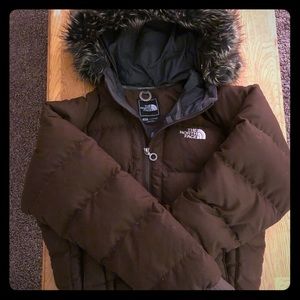 The North Face brown fur hood puffer jacket